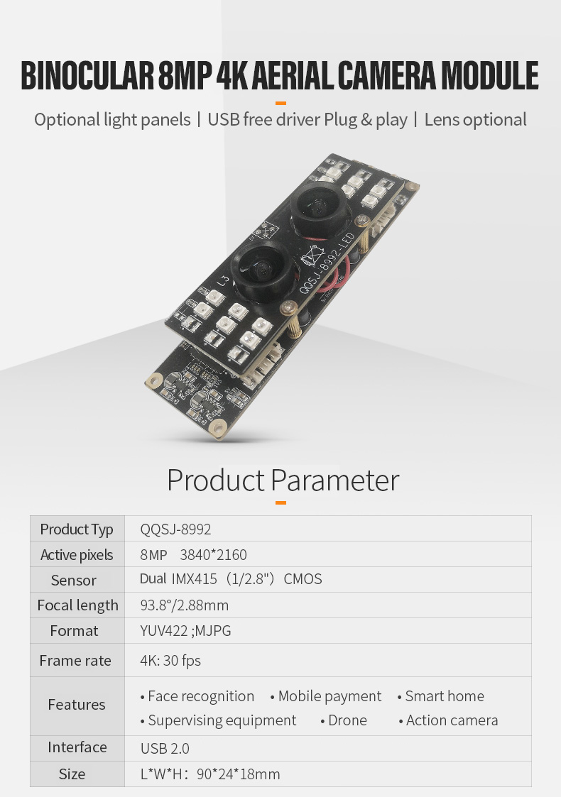 Dogoozx IMX415 8MP Bincocular Optional light panels 4K Aerial  USB camera module插图