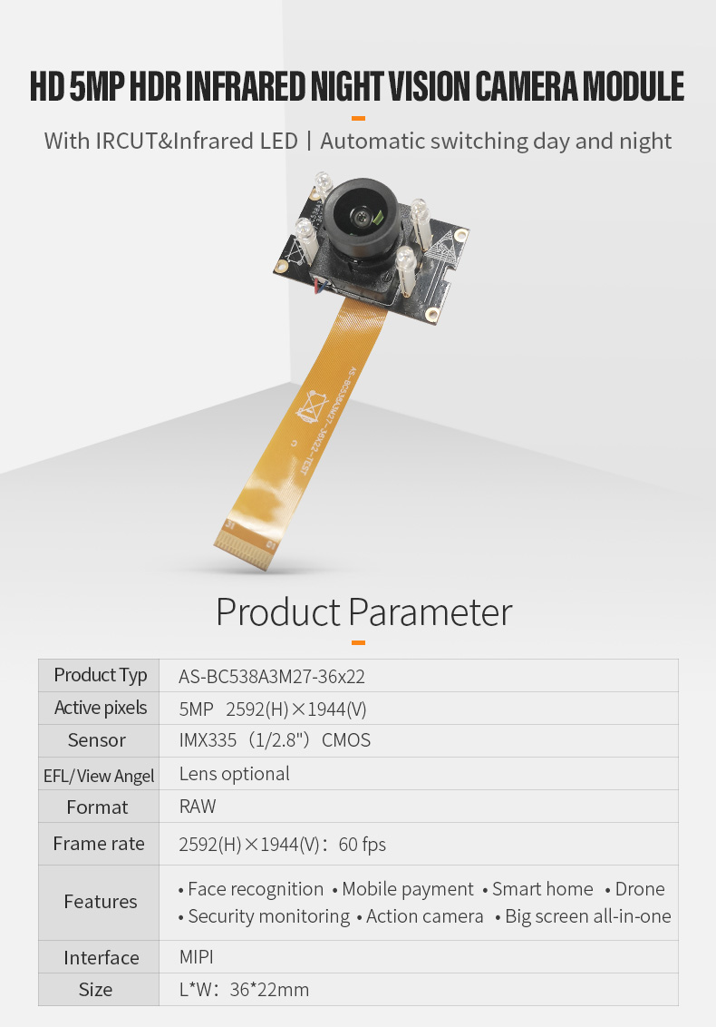 Dogoozx 5MP 2K IMX335 with IRCUT IR LED HDR mipi infrared night vision PCB camera module插图