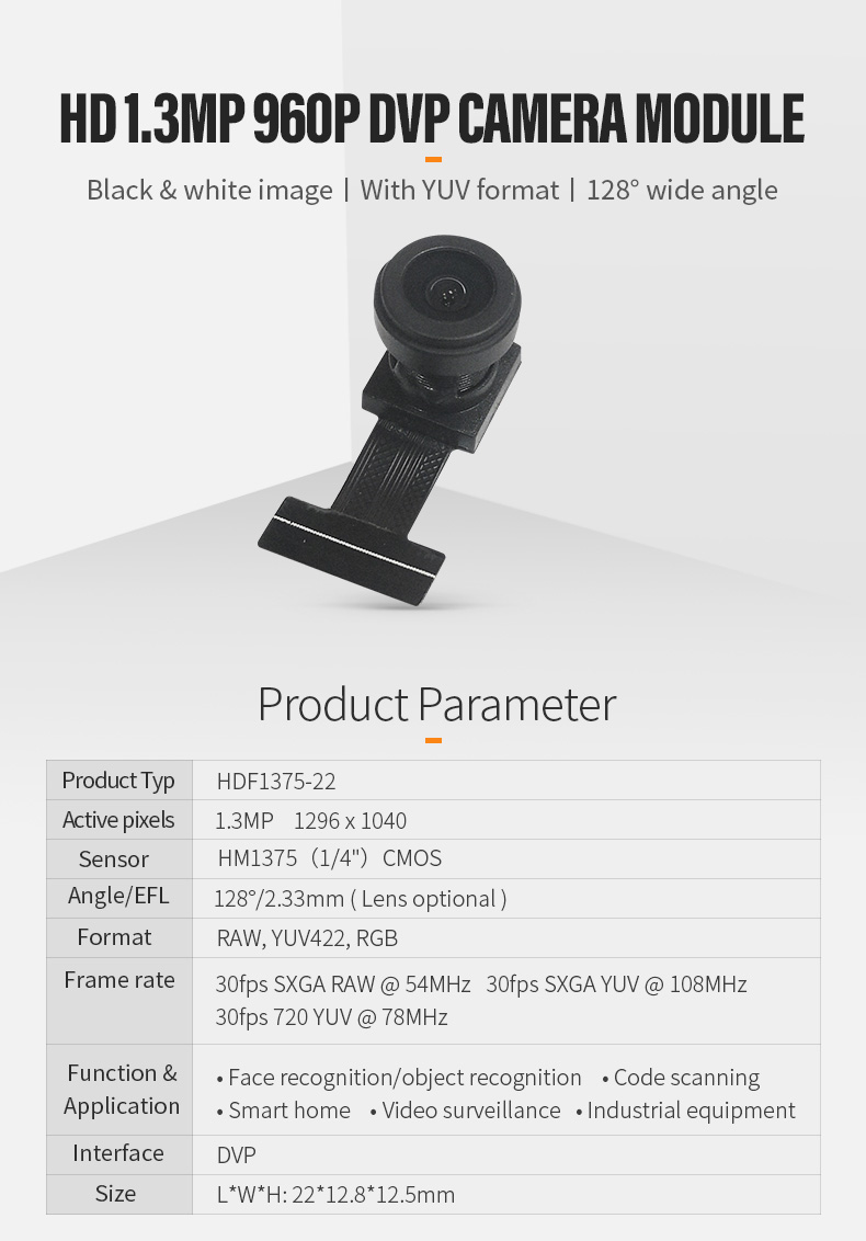 Dogoozx HD 1.3MP 960P 720P self-with YUV 30fps HM1375 DVP monitoring IoT camera module插图