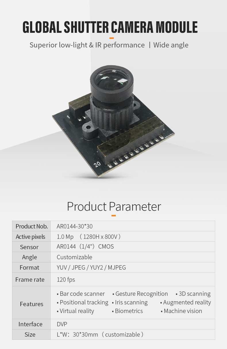 Dogoozx Fixed Focus Global Shutter AR0144 CMOS 720P with 30*30mm board DVP Camera Module插图