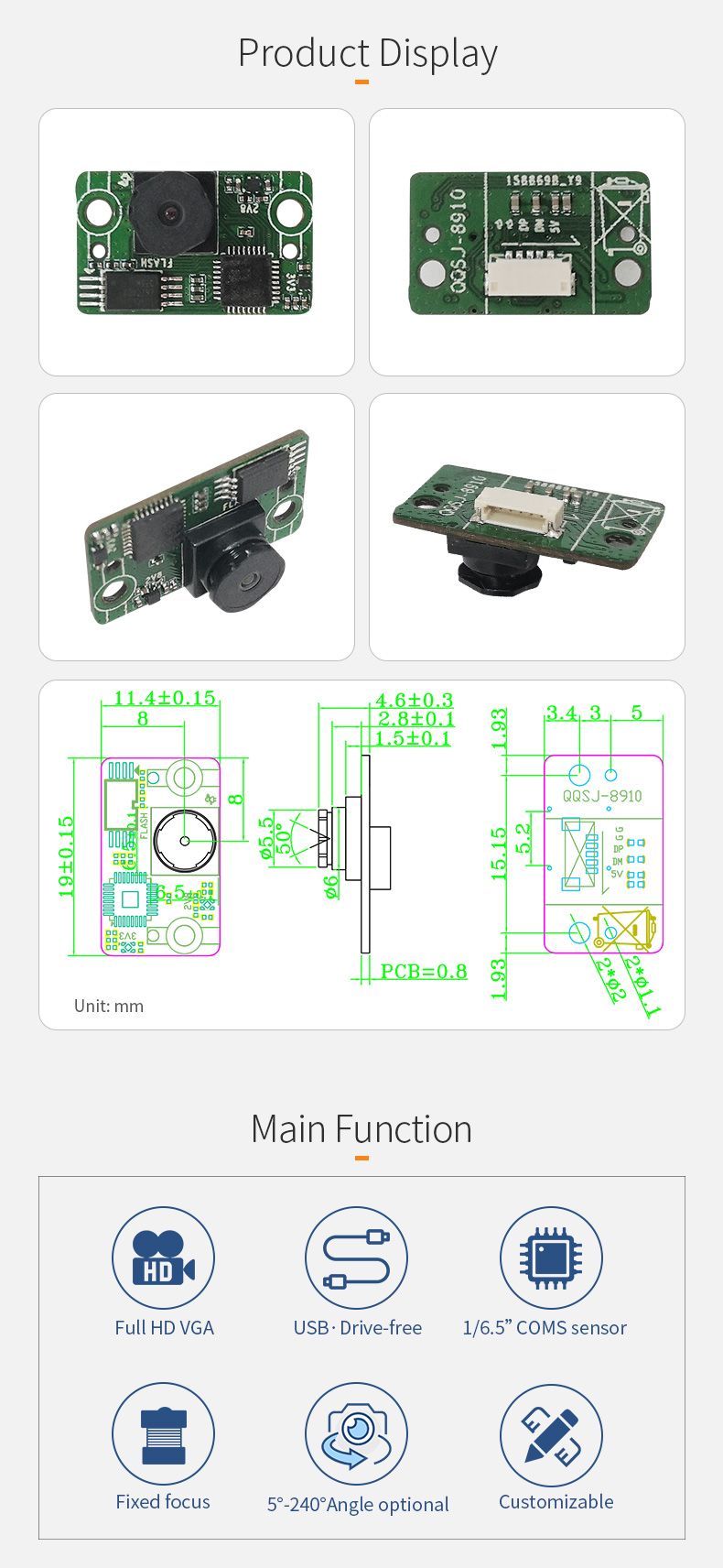 Dogoozx VGA 480P YUV output GC0328C face recognition USB small scanning camera module插图2