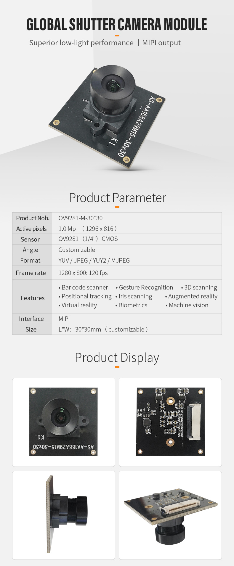 Dogoozx HD 720p mini pcb mipi global shutter OV9281 Monochrome Cmos hover camera module插图