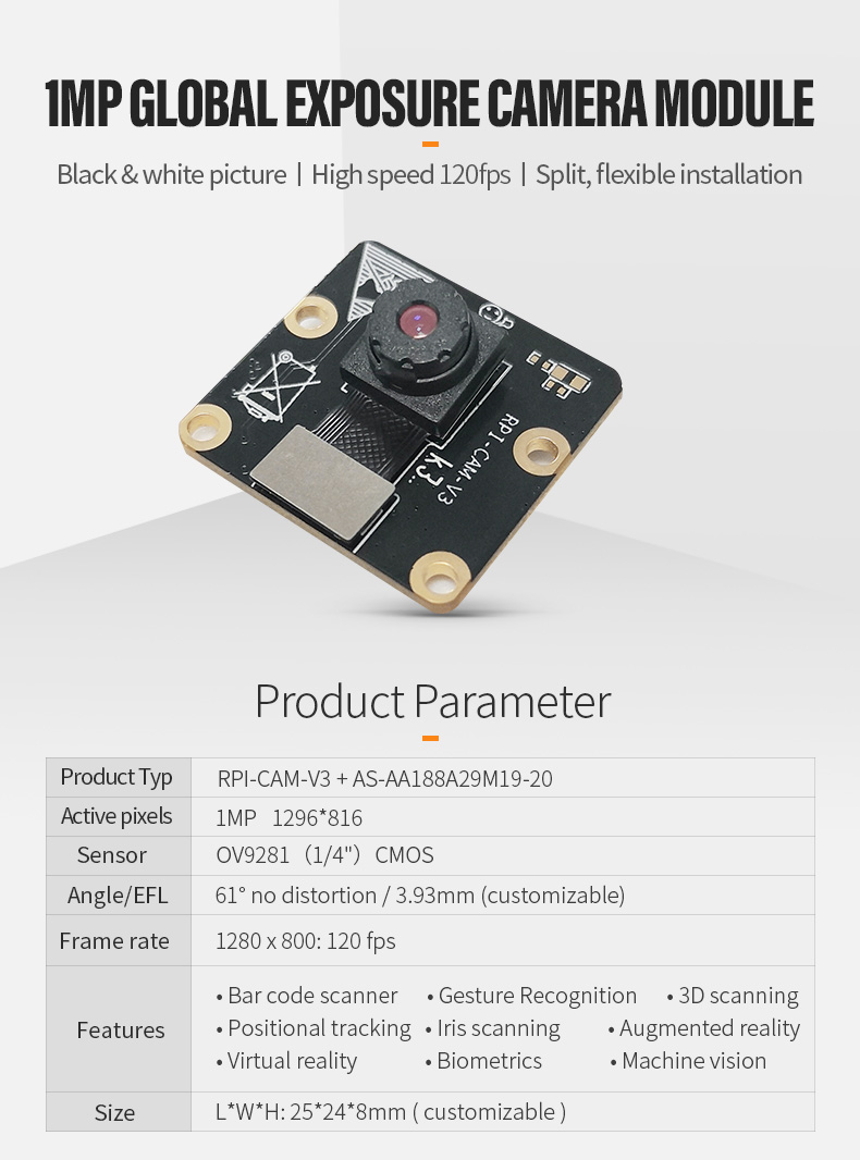 Dogoozx HD 720P OV9281 global exposure Logistics scanning code split mipi camera module插图