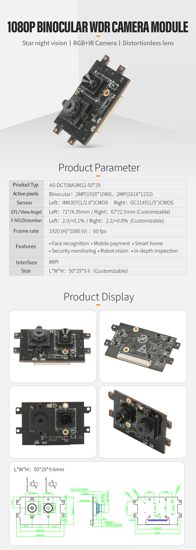 Dogoozx 1080P IMX307 GC2145 HDR binocular live detection Face recognition camera module插图