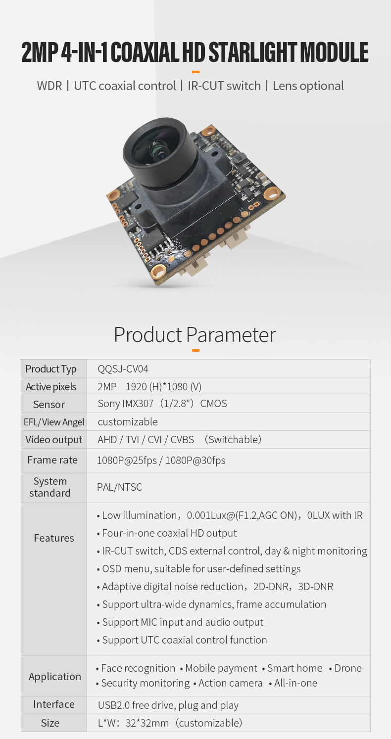 Dogoozx AHD TVI CVI CVBS IMX307 1080P PAL NTSC starlight UTC HDR AV Analog camera module插图