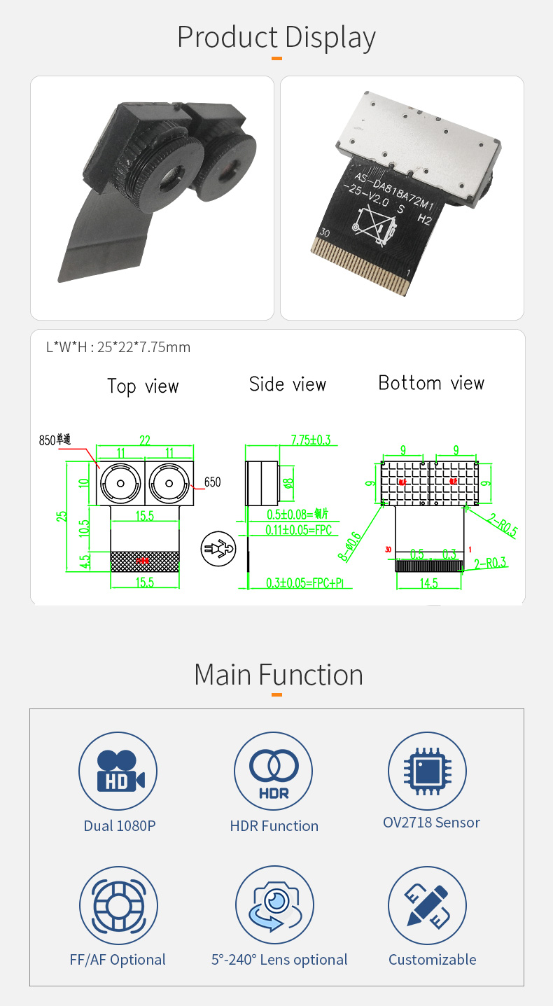 Dogoozx Dual 1080P binocular in vivo detection Ov2718 video input wide-angle Mipi for omnivision camera modu插图1